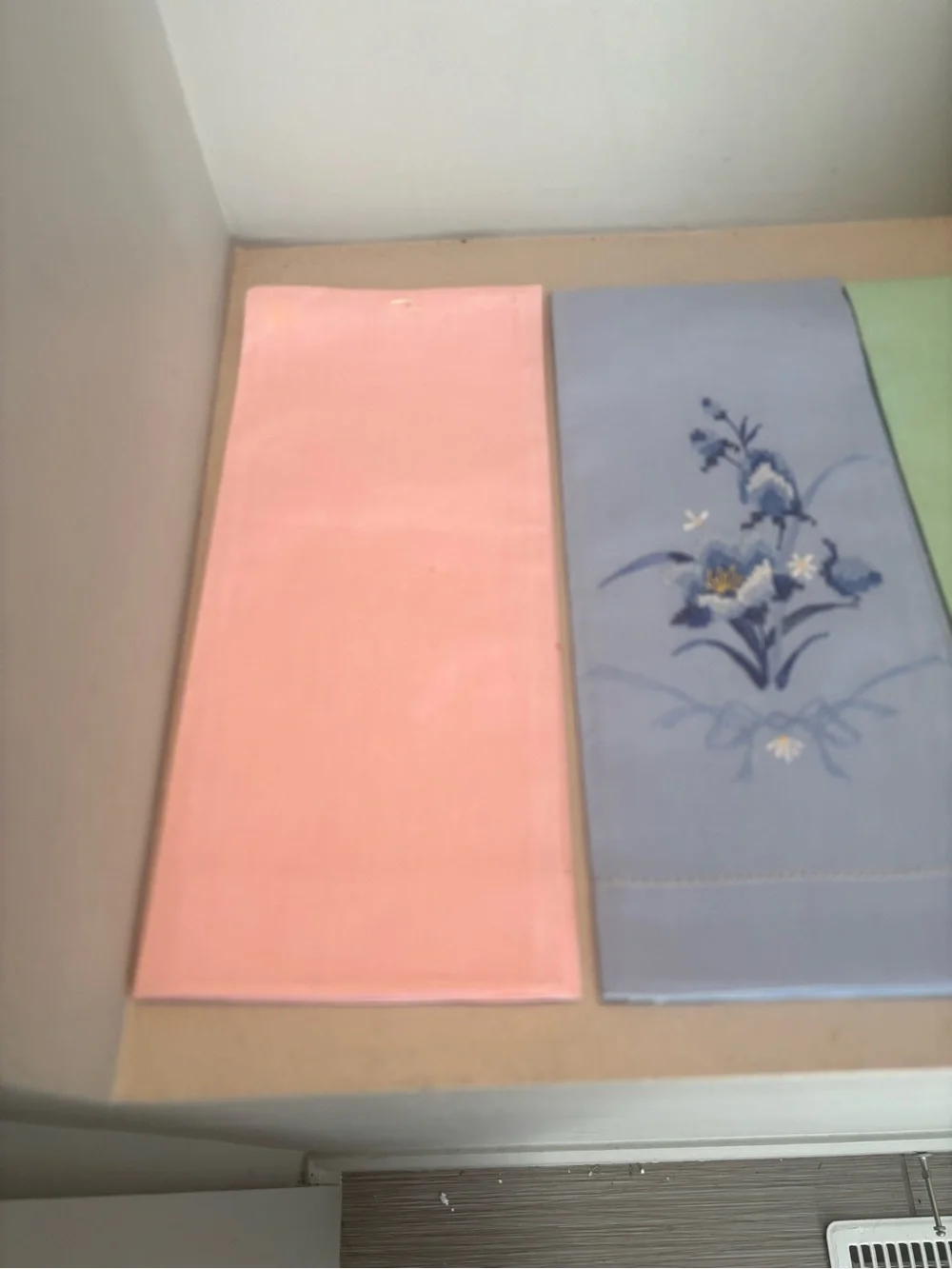 3 Floral Embroidered Linen kitchen bath napkin vintage blue pink  pastel hand